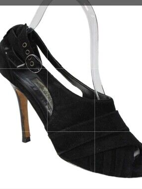 Manolo Blahnik Black Suede Peep-Toe Slingback Heels
